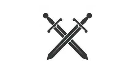 Two crossed medieval swords, rendered in a minimalist black silhouette, are isolated on a plain transparent background, symbolizing conflict or history