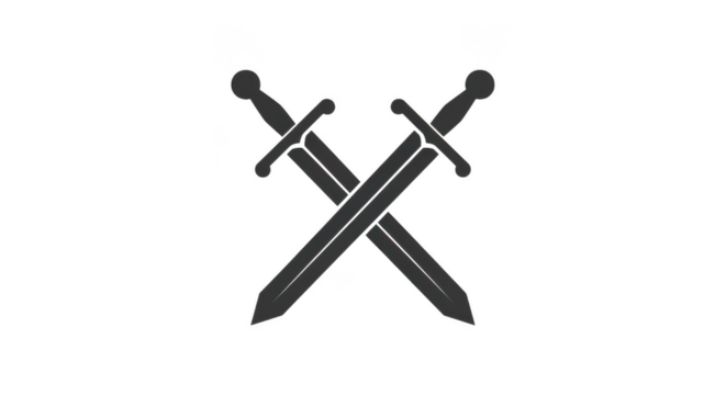 Two crossed medieval swords, rendered in a minimalist black silhouette, are isolated on a plain transparent background, symbolizing conflict or history