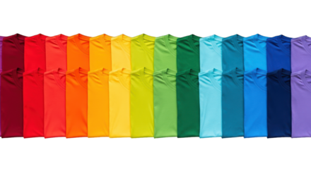 T-shirts aligned in a vibrant spectrum, creating a rainbow gradient effect