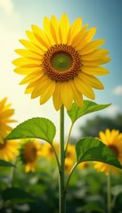 Fototapeta premium Majestic sunflower, towering stem, intense yellow hue, soft focus background, blossom, detail, petal