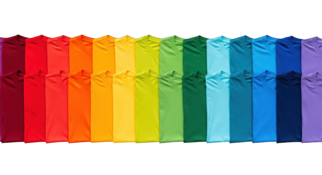 T-shirts aligned in a vibrant spectrum, creating a rainbow gradient effect