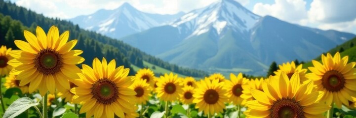 Vibrant sunflowers, mountain backdrop Golden blooms, sunny field , field, flora, bright