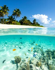 Tropical island beach split view; vibrant coral reef teeming with fish beneath crystal-clear water
