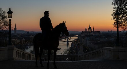 Silhouette man riding horse city sunrise