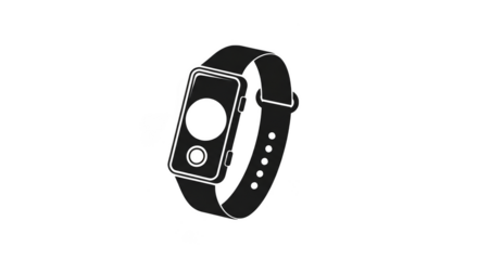 A minimalist black and white illustration of a modern fitness tracker or smartwatch, isolated on a plain transparent background
