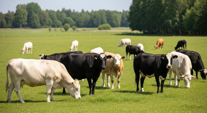 A herd of cows grazing in a lush green field with trees in the background.