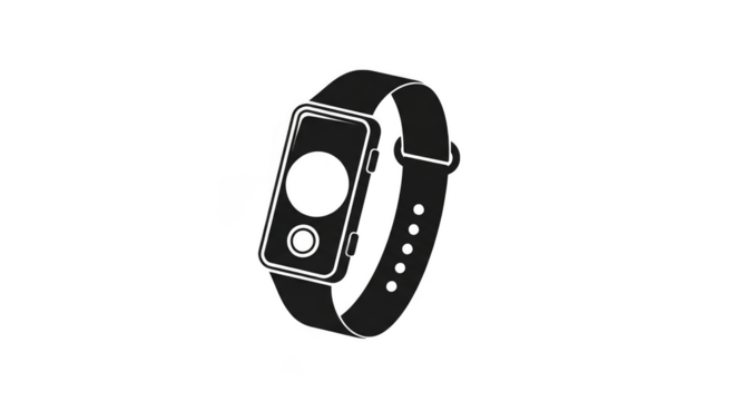 A minimalist black and white illustration of a modern fitness tracker or smartwatch, isolated on a plain transparent background