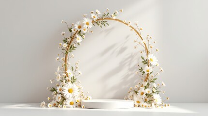 Elegant White Floral Arch with Pedestal Display.