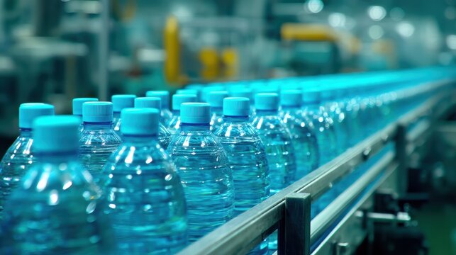 Rows of plastic water bottles move along an automated conveyor belt in a factory setting