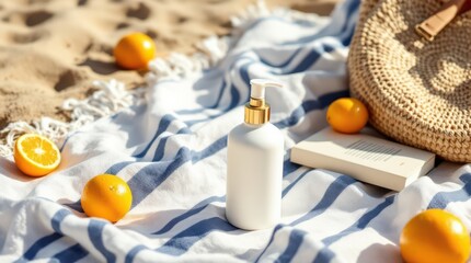 Sunscreen bottle on a striped blanket with oranges and a straw bag on a sandy beach.