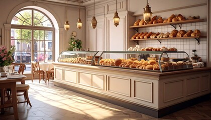 A sunlit, charming bakery interior