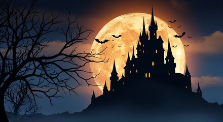 Spooky Halloween Castle Silhouette Under a Full Moon