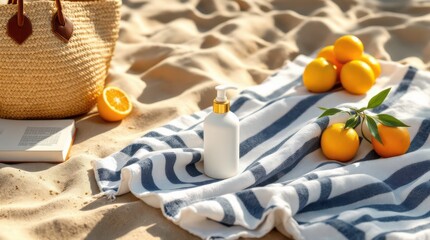 Beach Picnic with Oranges and Sunscreen.