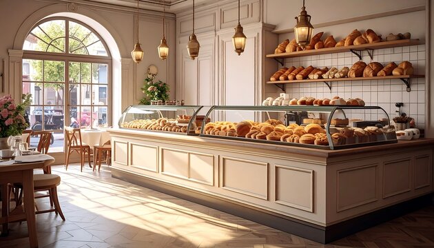 A sunlit, charming bakery interior