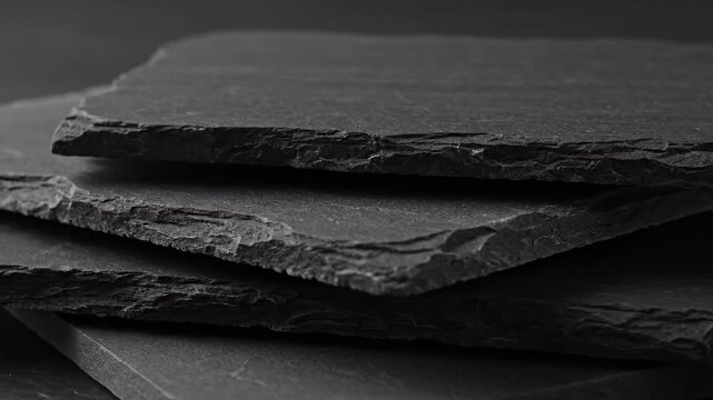Dark Gray Slate Texture Background - Close-up view of several dark gray slate pieces stacked on top of each other, showcasing their rough, irregular textures and natural edges.