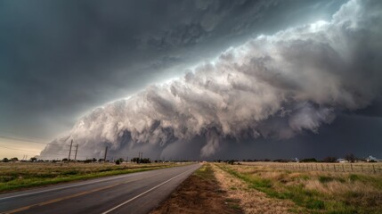Dramatic Sky Over Rural Road with Storm Clouds and Green Fields, Capturing Nature's Power and Beauty