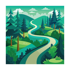 Vector Illustration of Winding Road in Green Woods