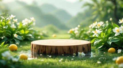 Springtime Nature Scene with Wooden Log.