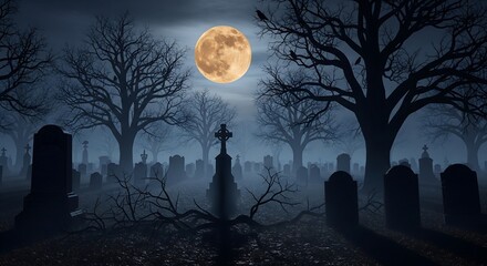 Spooky Halloween Cemetery at Night Under a Full Moon