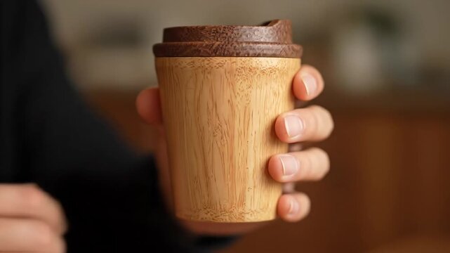 Hands Holding Reusable Bamboo Coffee Cup - Close-up of two hands holding a reusable bamboo coffee cup with a brown lid. The cup is made of light-colored bamboo and has a natural grain visible.