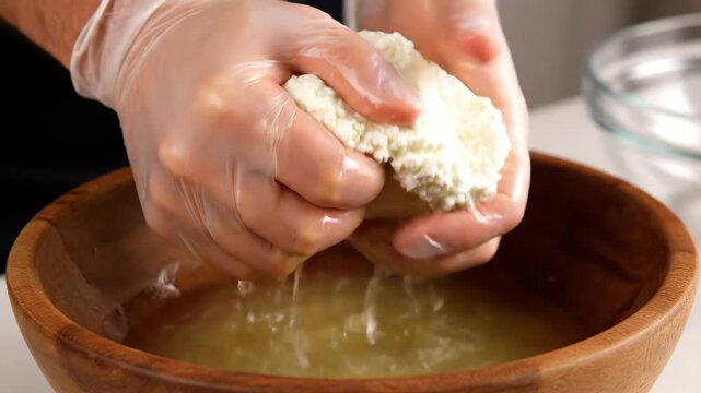 Hands Squeezing Cottage Cheese into Wooden Bowl - Close-up view of gloved hands squeezing homemade cottage cheese, separating the curds and whey. The whey drips into a rustic wooden bowl.