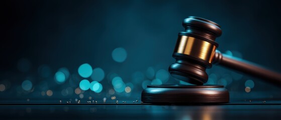 A wooden judge’s gavel rests on a sound block against a dark, blurred background with blue bokeh lights