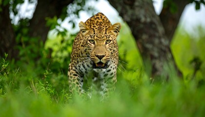 Leopard in tall grass, focused gaze