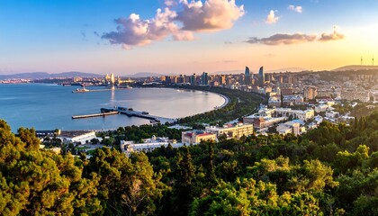 Fototapeta premium Panoramic cityscape at sunset over a bay