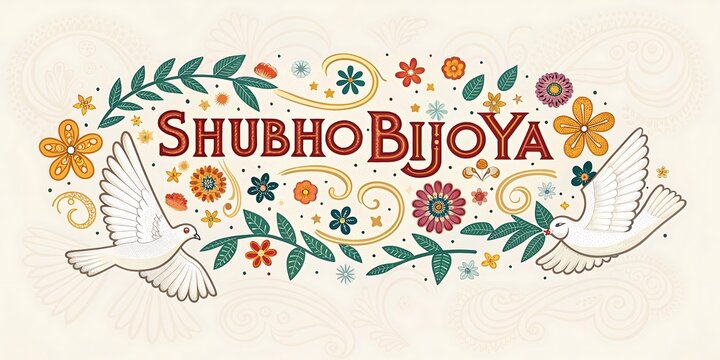 Shubho Bijoya text with floral and dove elements, representing celebration and peace.