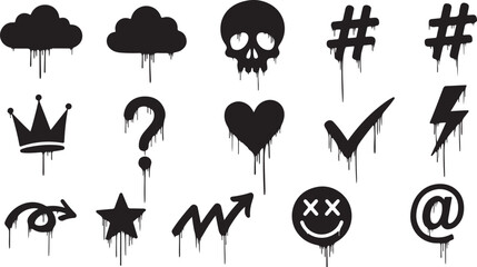 A collection of urban-style vector icons and symbols with a dripping, grungy effect.