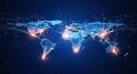A world map with glowing connections representing global connectivity.