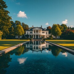 Obraz premium This is a description of a beautiful estate characterized by a large pool and abundant surrounding trees.