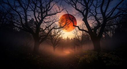 Spooky Halloween Forest Path Underneath a Blood Moon