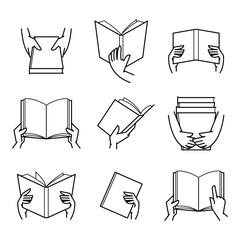 A set of hand drawn outlines of hands holding books. Vector illustration for learning, reading, or knowledge concept, isolated on a white background.