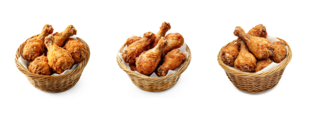 Three baskets of fried chicken legs in a wicker basket on a white background.