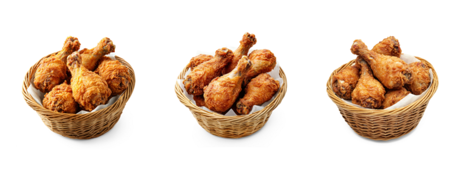 Three baskets of fried chicken legs in a wicker basket on a white background.