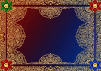 Golden floral mandala frame with red, blue and green corner decorations on gradient red and blue background. Decorative border template with copy space. Indian Wedding invitation and greeting card