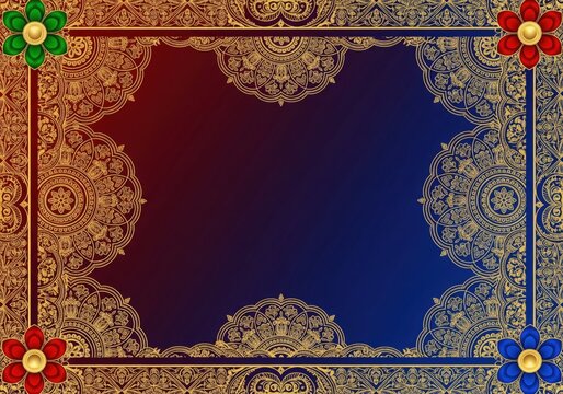 Golden floral mandala frame with red, blue and green corner decorations on gradient red and blue background. Decorative border template with copy space. Indian Wedding invitation and greeting card