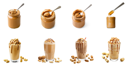 Peanut butter in a jar with a spoon, surrounded by peanuts and a glass of milk.