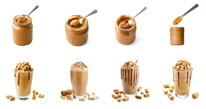 Peanut butter in a jar with a spoon, surrounded by peanuts and a glass of milk.
