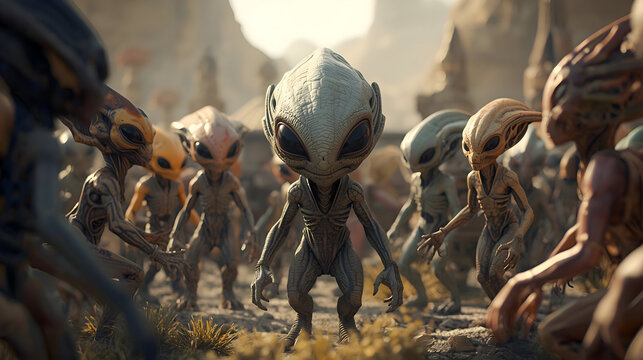 Determined alien group of extraterrestrial creatures gathers on distant planet to find universal peace agreement, their humanoid species intently focused