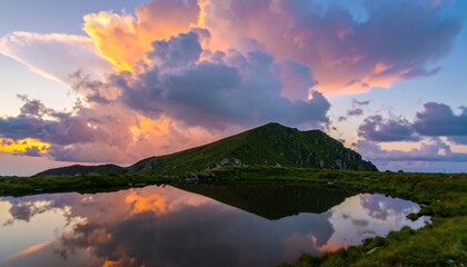 Mountain lake mirrored in sunset clouds