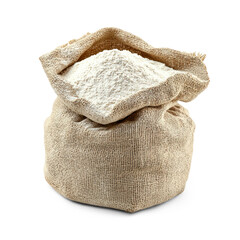 A burlap sack filled with flour on a white background.