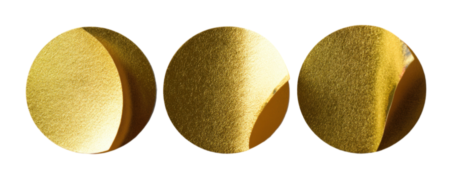 Three circular, gold-toned objects with textured surfaces