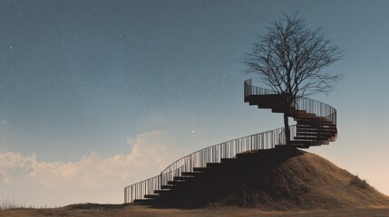 A twisted staircase spiraling around a solitary tree on a grassy hill under a starry night sky at dusk