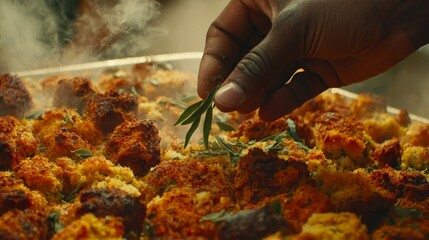 Close-Up Hand Sprinkling Fresh Sage on Flavorful Thanksgiving Dish with Steam Rising