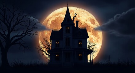 Spooky Halloween Haunted House Silhouette Against a Glowing Harvest Moon and Bare Trees Creepy Victorian Mansion with Glowing Eyes