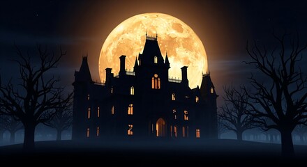 Spooky Halloween Haunted Mansion Silhouette Against a Full Moon Gothic Architecture  Creepy Trees  and Eerie Night Scene for October Holiday Cards  Invitations  and Website Banners