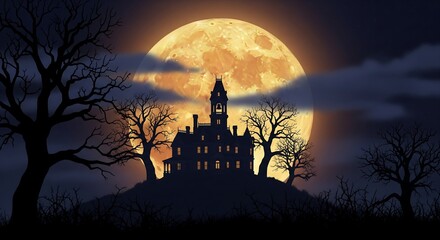 Spooky Halloween Mansion Silhouette Under a Full Moon