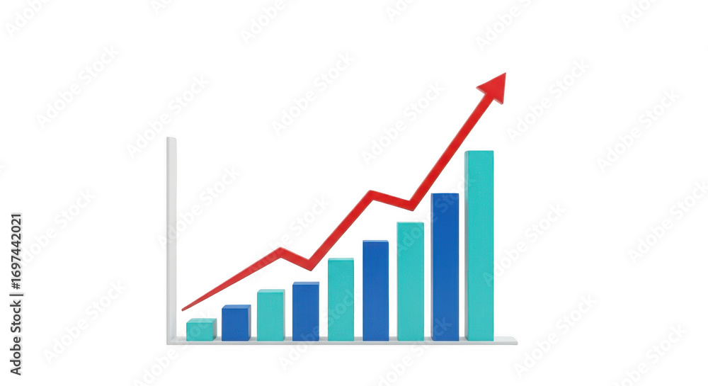 Aufkleber a 3d bar graph with a red arrow pointing upwards, indicating growth and success, isolated on transpa